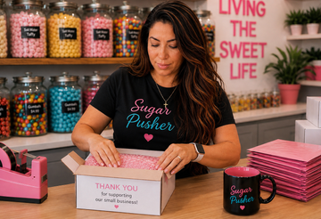 Christine of Sugar Hill Market packing a candy order