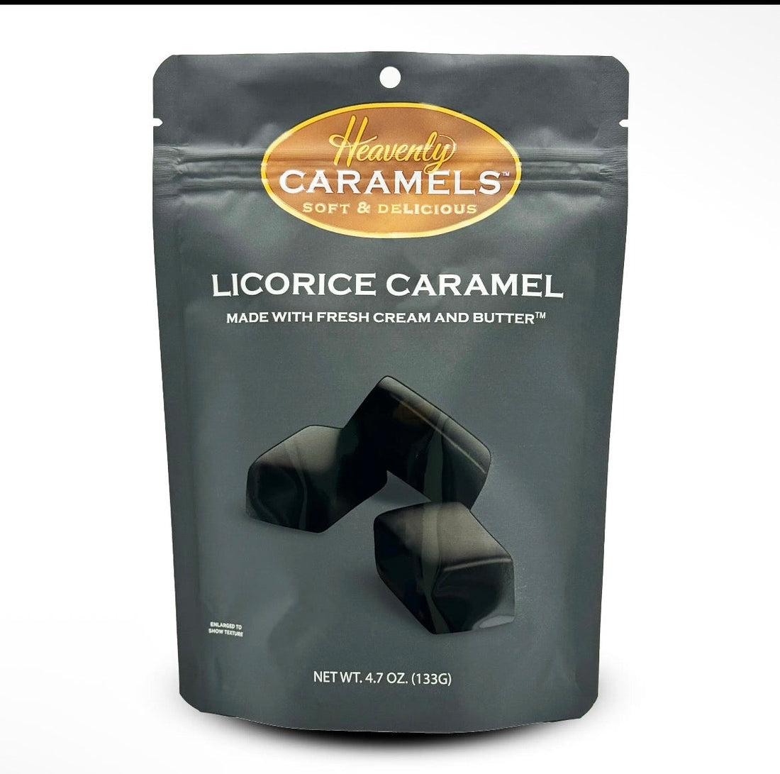 Heavenly Licorice Caramels package with black caramel pieces