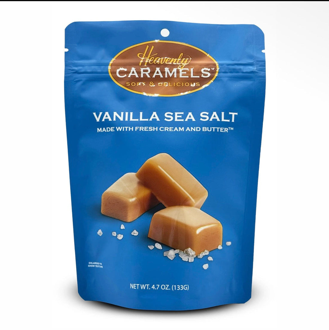 Heavenly Vanilla Sea Salt Caramels package with salted caramel pieces