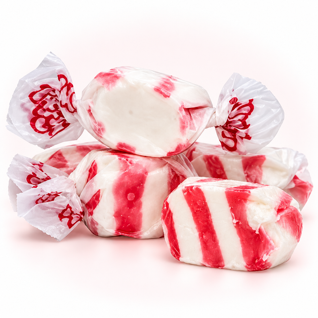 Red and white peppermint salt water taffy pieces