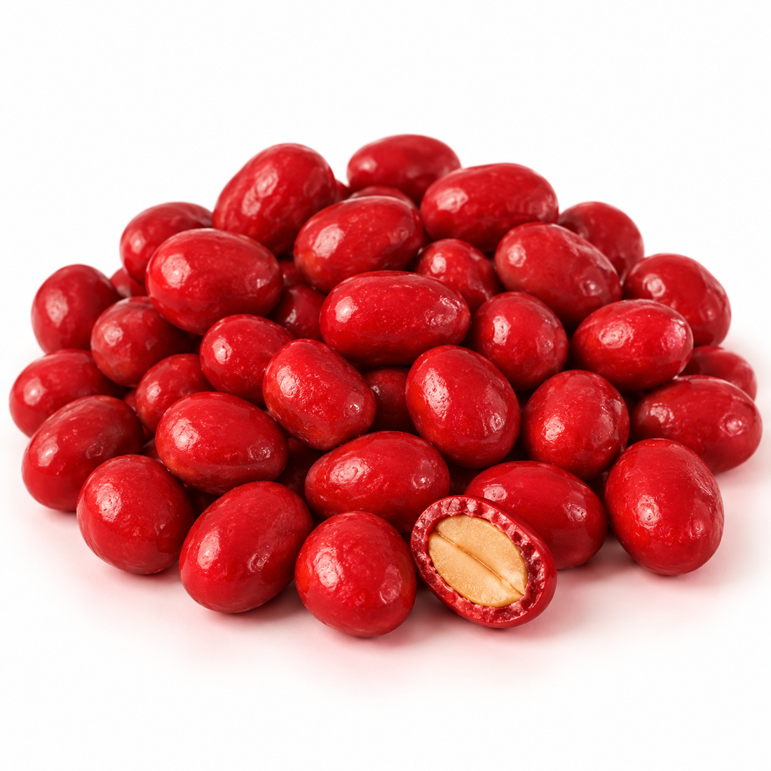 Red Boston Baked Beans candy with a cutaway showing the peanut center