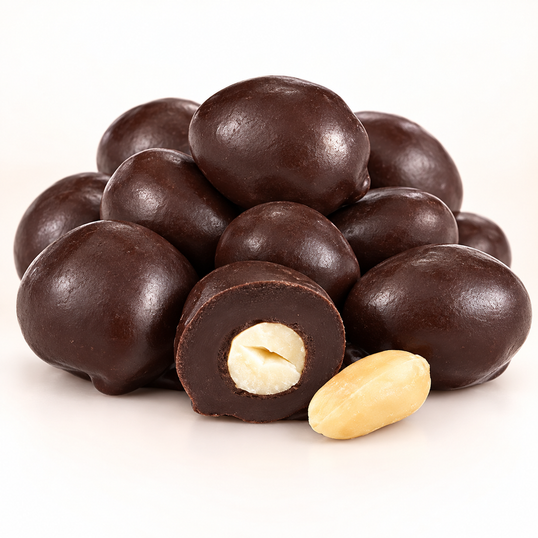 Dark chocolate double dipped peanuts with a cutaway showing the peanut center