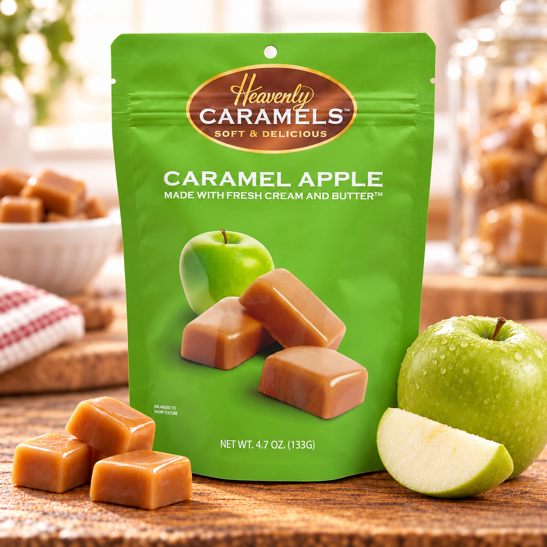 Heavenly Caramel Apple Caramels package with caramel pieces and green apple