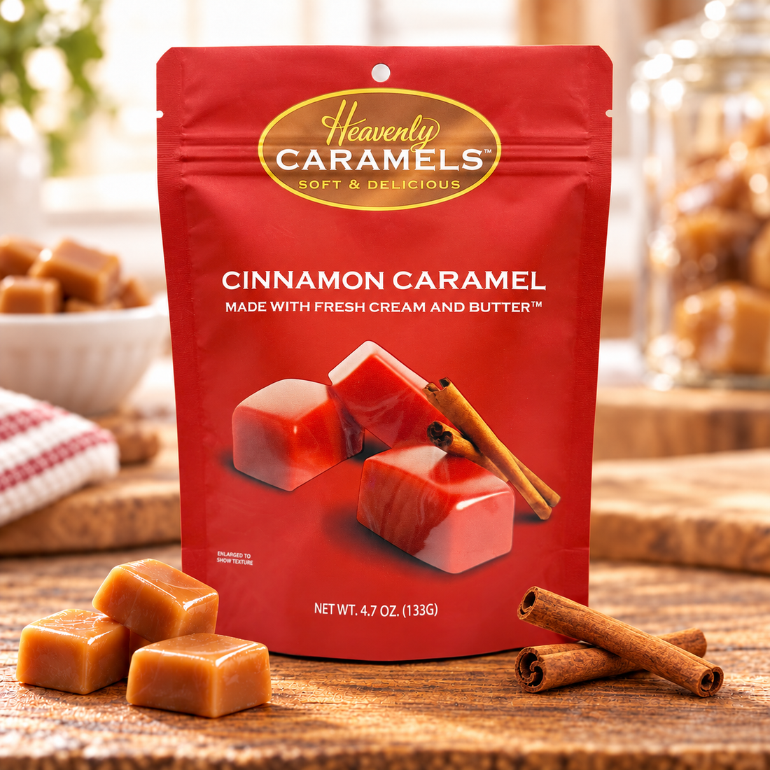 Heavenly Cinnamon Caramels package with caramel pieces and cinnamon sticks