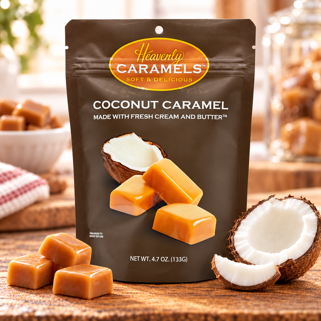 Heavenly Coconut Caramels package with caramel pieces and coconut