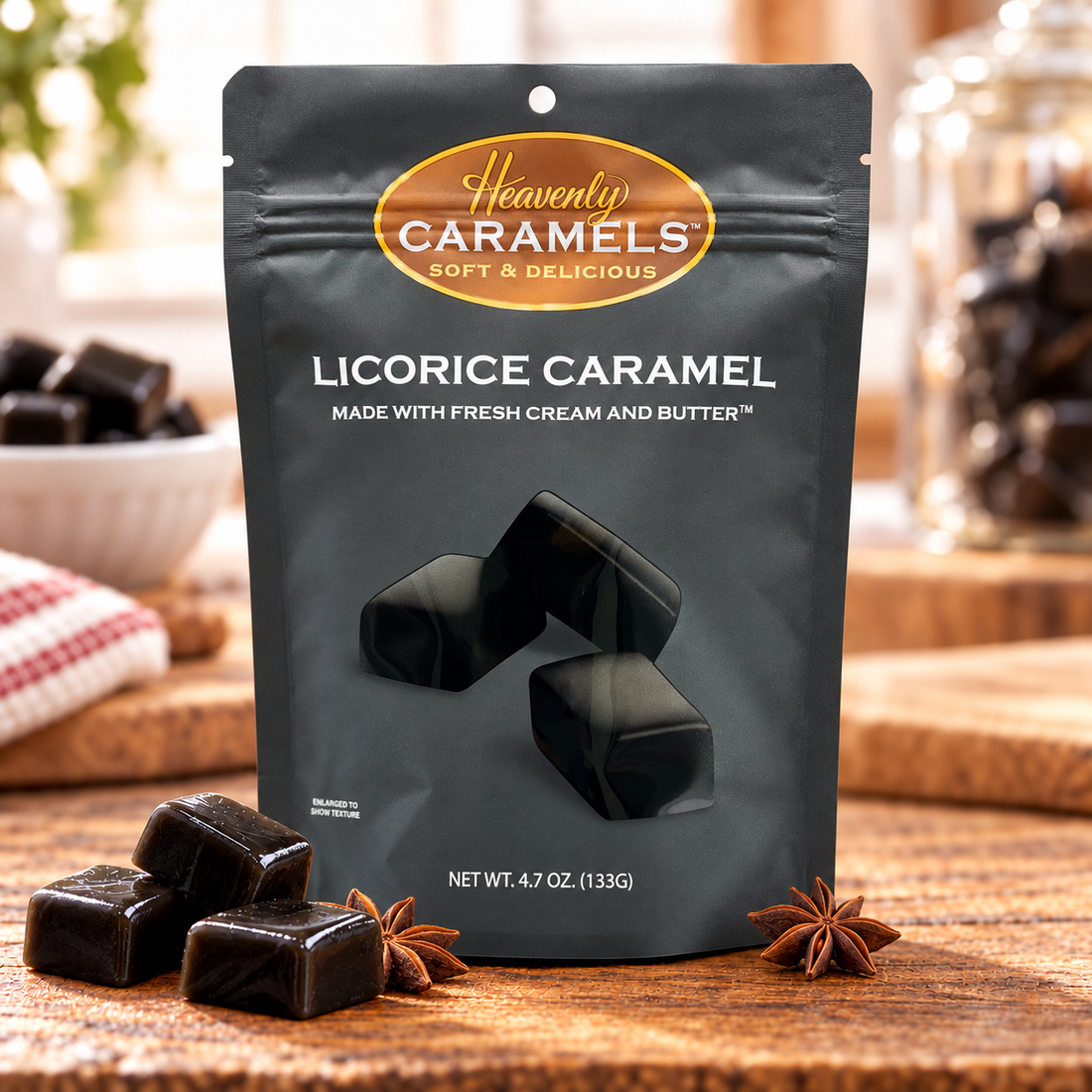 Heavenly Licorice Caramels package with black caramel pieces
