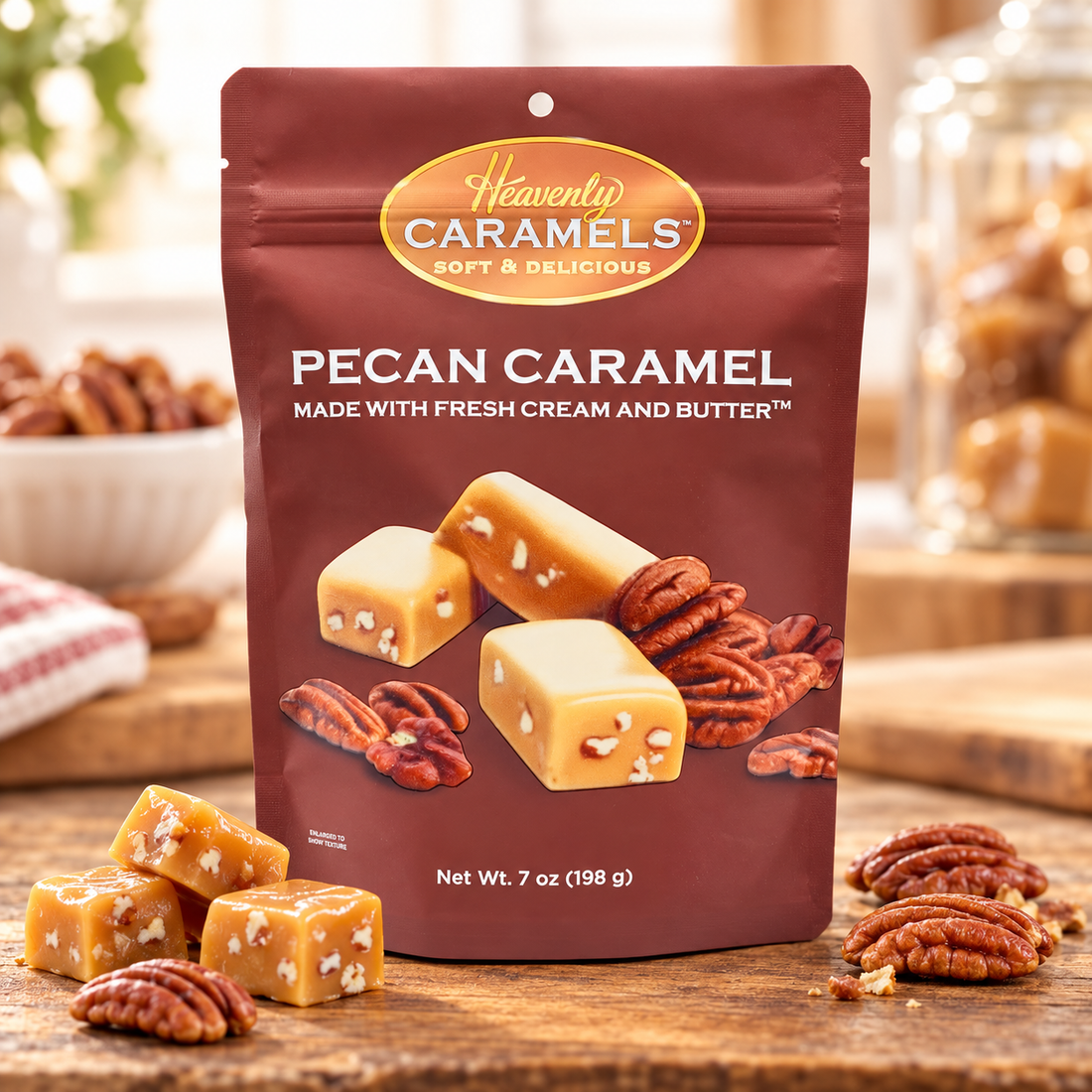 Heavenly Pecan Caramels package with pecan caramel pieces