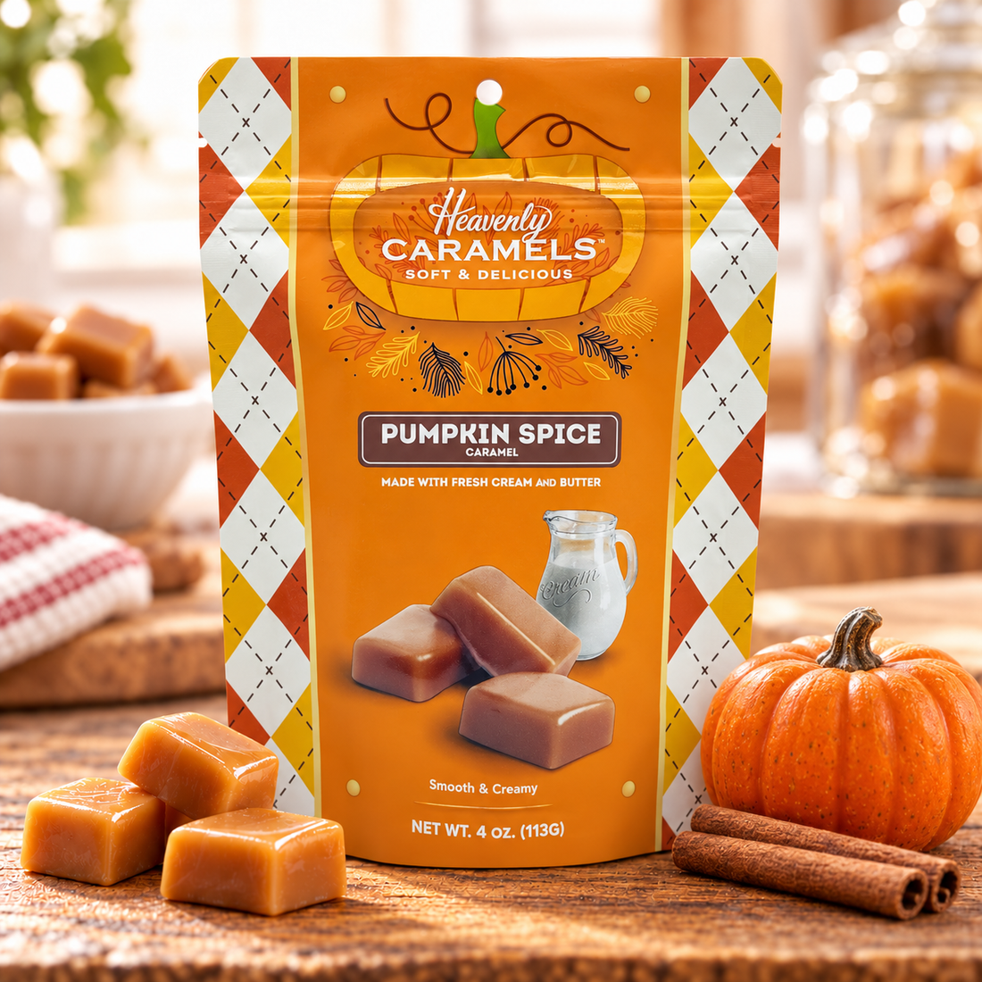 Heavenly Pumpkin Spice Caramels package with caramel pieces and pumpkin