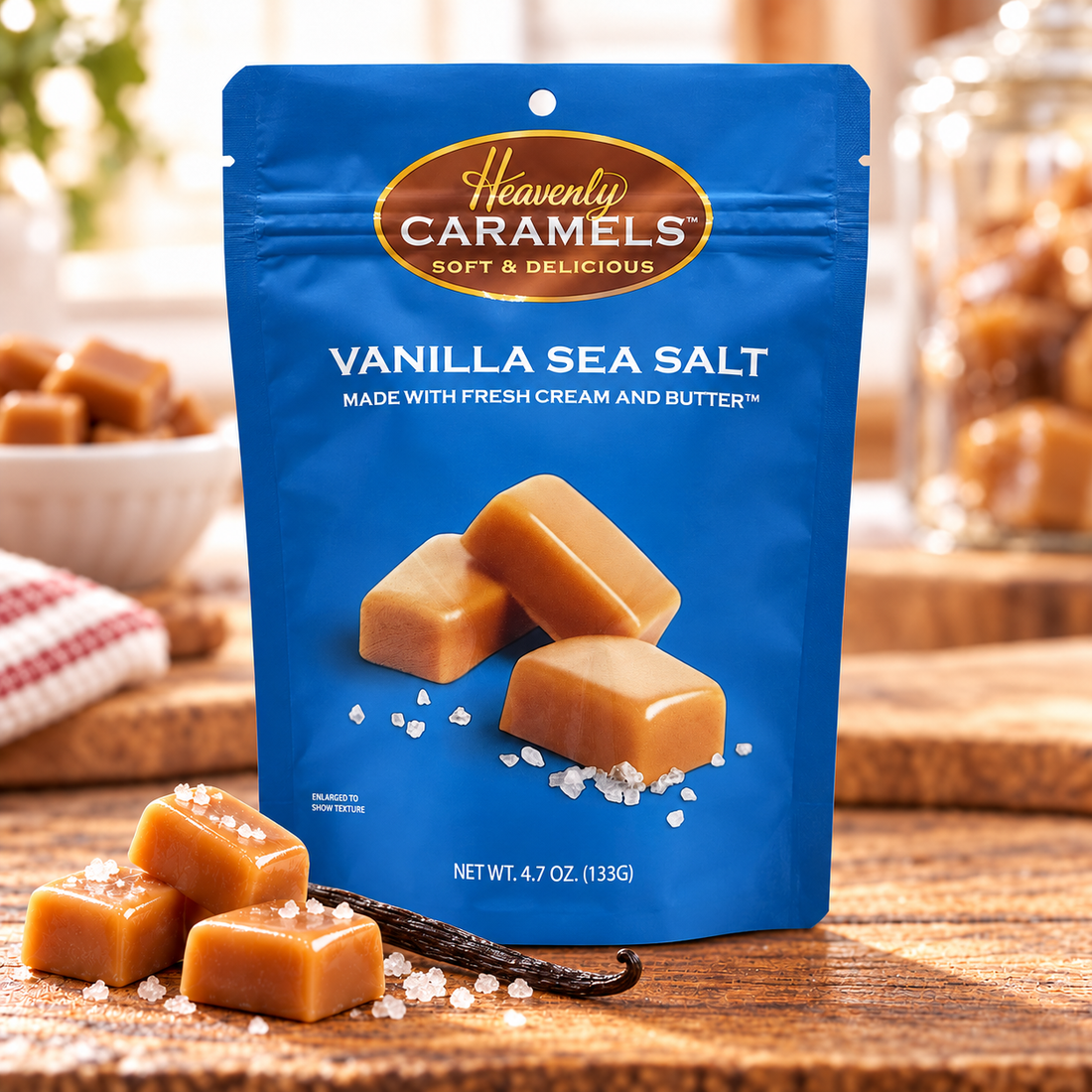 Heavenly Vanilla Sea Salt Caramels package with salted caramel pieces
