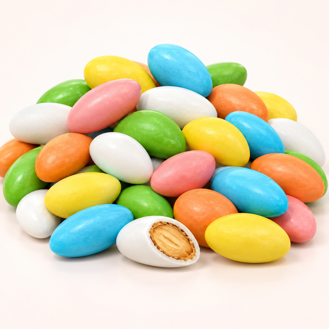 Assorted pastel Jordan almonds with one cut open to show the almond center