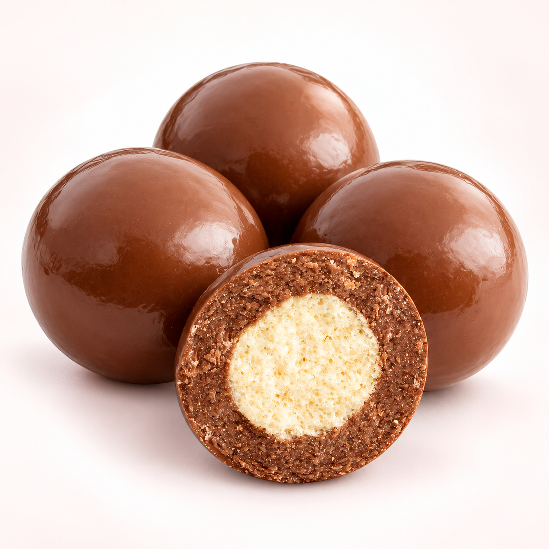 Milk chocolate triple dipped malt balls with one cut open