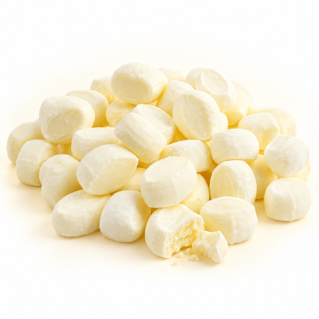 Creamy pale yellow Roses Butter Mints in a soft candy pile